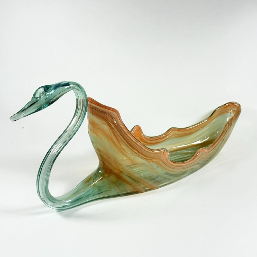 Murano Style Hand Blown Glass Swan Bowl Amber Aqua Vintage Centerpiece Decor